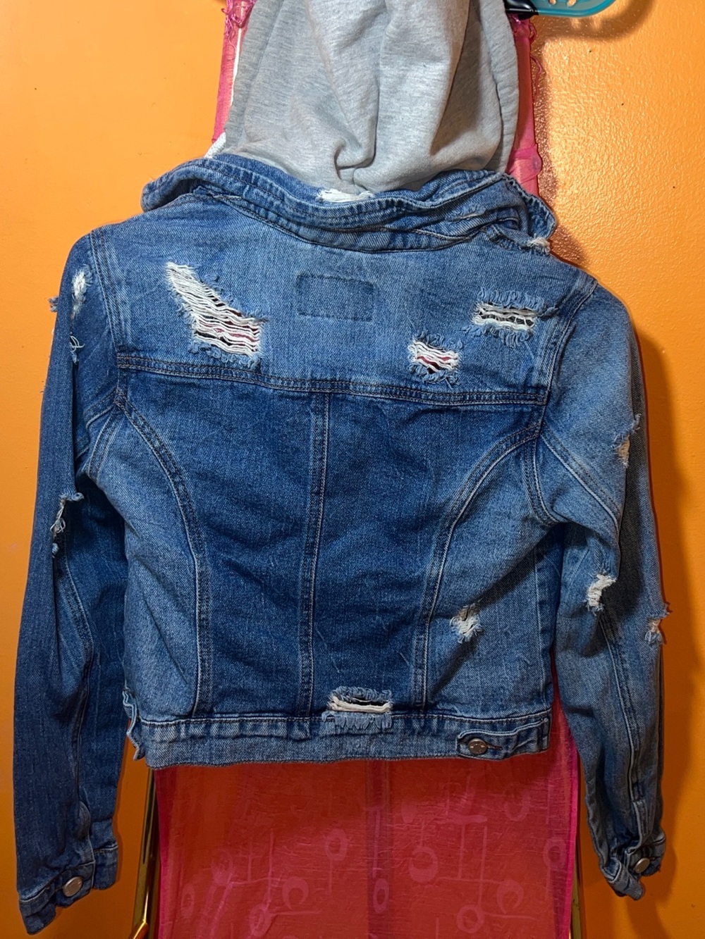Junior’s William Rast Blue Distressed Denim Jacket with Gray Hood